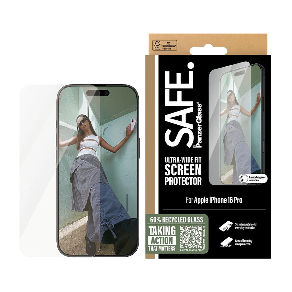 Zaščitna folija za zaslon PanzerGlass Safe. Ultra-Wide Fit za Apple iPhone 16 Pro, Kaljeno steklo, Full Glue.
