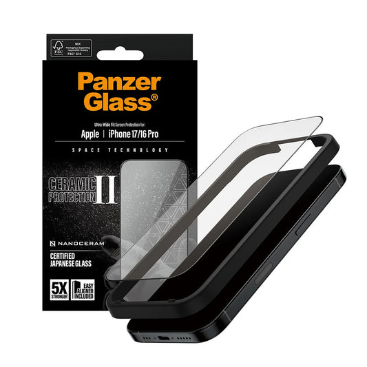 Zaščitna folija za zaslon PanzerGlass Ultra-Wide Ceramic II EasyAligner za Apple iPhone 17 / 16 Pro, Kaljeno steklo, Polno lepilo, Črna