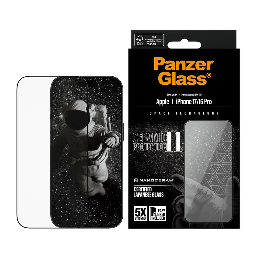Zaščitna folija za zaslon PanzerGlass Ultra-Wide Ceramic II EasyAligner za Apple iPhone 17 / 16 Pro, Kaljeno steklo, Polno lepilo, Črna