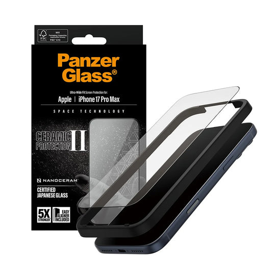 Zaščitna folija za zaslon PanzerGlass Ultra-Wide Ceramic II EasyAligner za Apple iPhone 17 Pro Max, Kaljeno steklo, Polno lepljenje, Črna