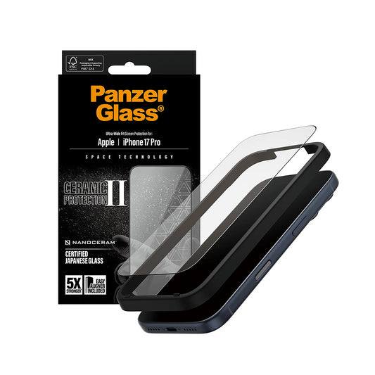 Zaščitna folija za zaslon PanzerGlass Ultra-Wide Ceramic II EasyAligner za Apple iPhone 17 Pro, Kaljeno steklo, Polno lepilo, Črna