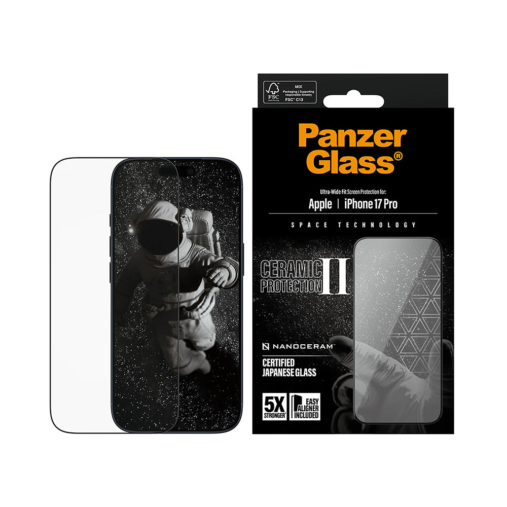 Zaščitna folija za zaslon PanzerGlass Ultra-Wide Ceramic II EasyAligner za Apple iPhone 17 Pro, Kaljeno steklo, Polno lepilo, Črna