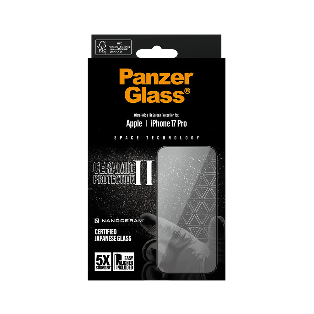 Zaščitna folija za zaslon PanzerGlass Ultra-Wide Ceramic II EasyAligner za Apple iPhone 17 Pro, Kaljeno steklo, Polno lepilo, Črna