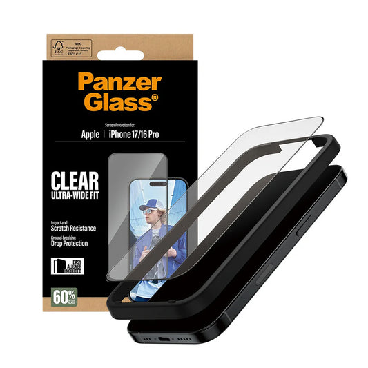 Zaščitna folija za zaslon PanzerGlass Ultra-Wide Fit EasyAligner za Apple iPhone 17 / 16 Pro, Kaljeno steklo, Polno lepilo, Črna