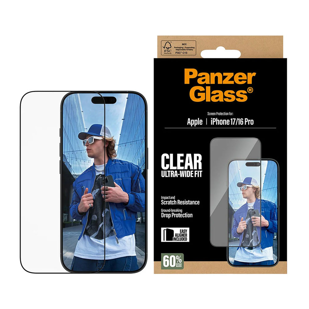 Zaščitna folija za zaslon PanzerGlass Ultra-Wide Fit EasyAligner za Apple iPhone 17 / 16 Pro, Kaljeno steklo, Polno lepilo, Črna