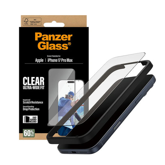 Zaščitna folija za zaslon PanzerGlass Ultra-Wide Fit EasyAligner za Apple iPhone 17 Pro Max, Kaljeno steklo, Polno lepljenje, Črna