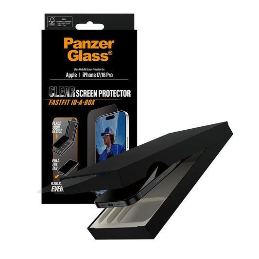 Zaščitna folija za zaslon PanzerGlass Ultra-Wide Fit Fastfit za Apple iPhone 17 / 16 Pro, Kaljeno steklo, Polno lepilo, Črna