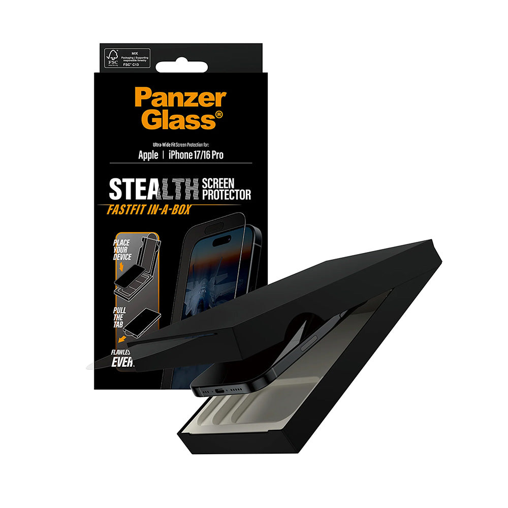 Zaščitna folija za zaslon PanzerGlass Ultra-Wide Fit Stealth Fastfit za Apple iPhone 17 / 16 Pro, Kaljeno steklo, Polno lepljenje, Črna