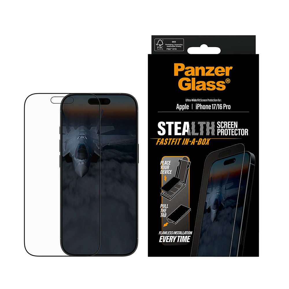Zaščitna folija za zaslon PanzerGlass Ultra-Wide Fit Stealth Fastfit za Apple iPhone 17 / 16 Pro, Kaljeno steklo, Polno lepljenje, Črna