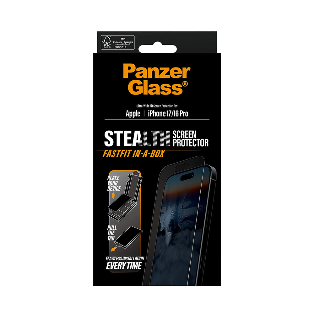 Zaščitna folija za zaslon PanzerGlass Ultra-Wide Fit Stealth Fastfit za Apple iPhone 17 / 16 Pro, Kaljeno steklo, Polno lepljenje, Črna