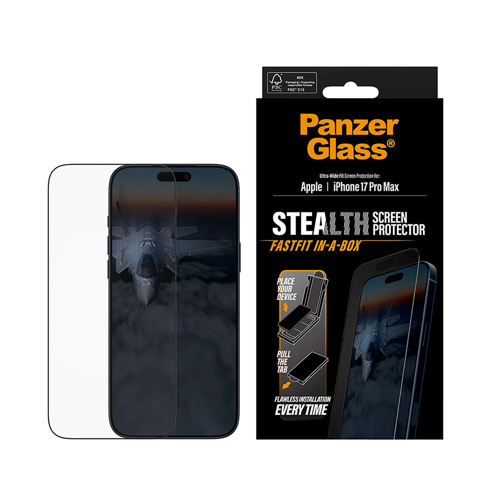 Zaščitna folija za zaslon PanzerGlass Ultra-Wide Fit Stealth Fastfit za Apple iPhone 17 Pro Max, Kaljeno steklo, Polno lepljenje, Črna