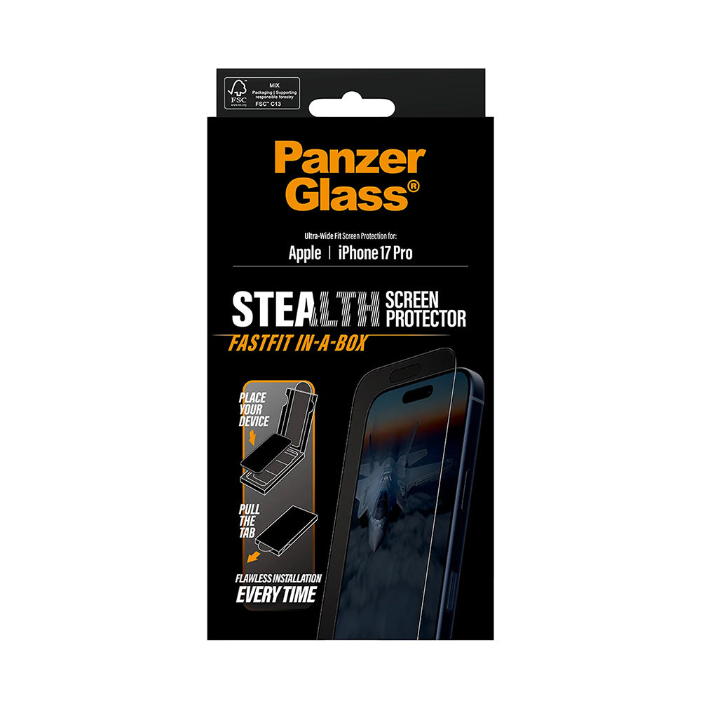 Zaščitna folija za zaslon PanzerGlass Ultra-Wide Fit Stealth Fastfit za Apple iPhone 17 Pro, Kaljeno steklo, Polno lepilo, Črna