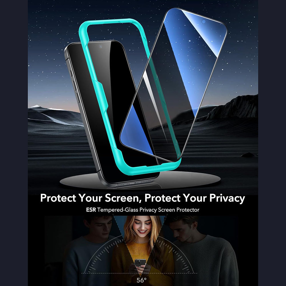 Zaščitna folija Ecran Privacy ESR za Apple iPhone 17 / 16 Pro, Kaljeno steklo, Polno lepljenje, Komplet 3 kosi