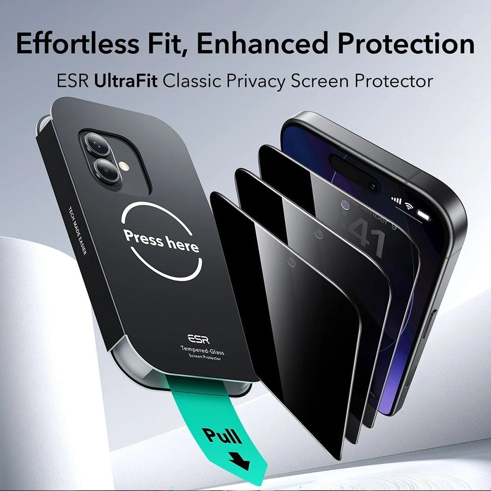 Zaščitna folija Ecran Privacy ESR UltraFit za Apple iPhone 17 / 16 Pro, Kaljeno steklo, Polno lepljenje, Set 3 kosi