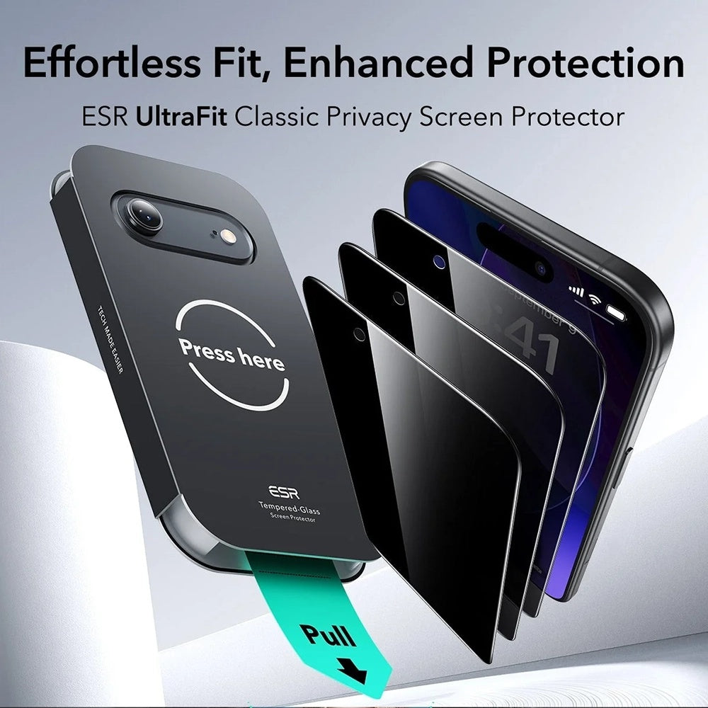 Zaščitna folija Ecran Privacy ESR UltraFit za Apple iPhone 17 Air, Kaljeno steklo, Full Glue, Set 3 kosi