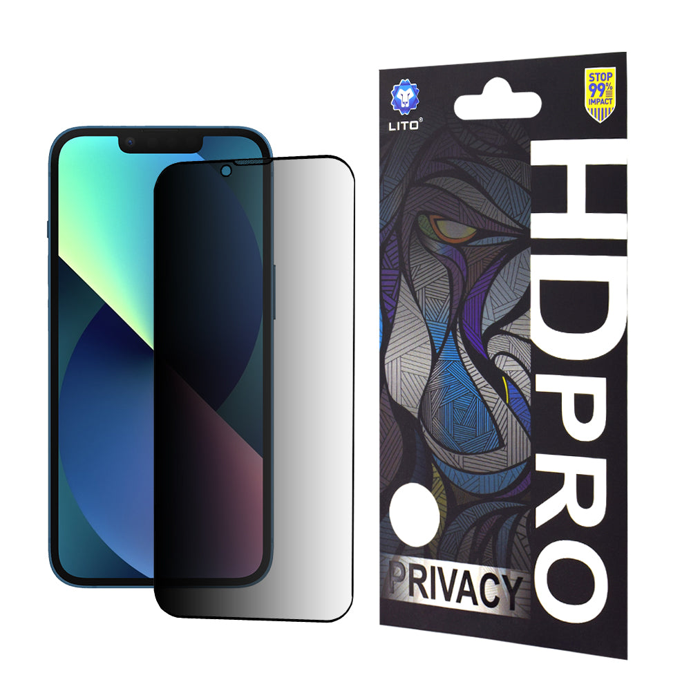 Zaščitna folija zaslona Privacy Lito HD Pro za Apple iPhone 17e / 16e / 14 / 13 Pro, kaljeno steklo, polno lepilo