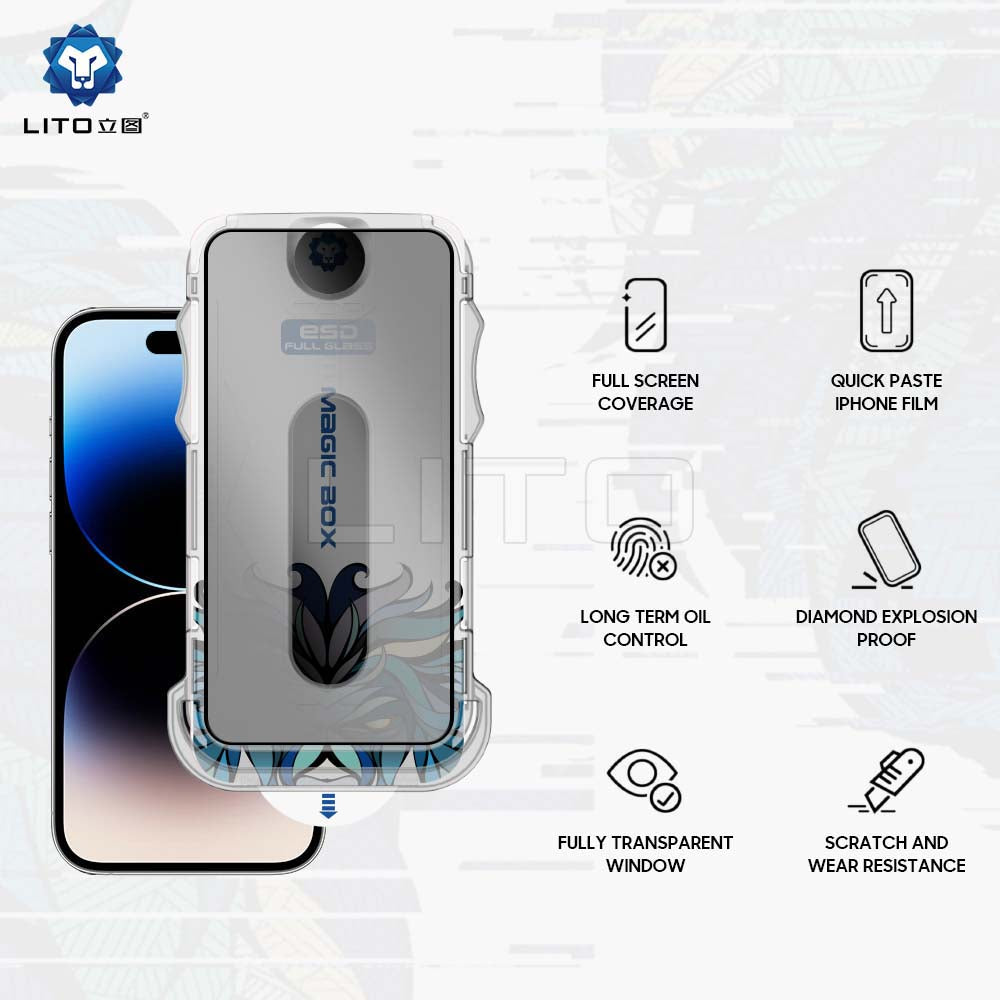 Zaščitna folija zaslona Privacy Lito Magic Glass Box D+ Tools za Apple iPhone 15 Pro, varnostno steklo, polno lepilo