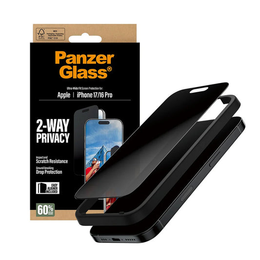 Zaščitna folija za zaslon Privacy PanzerGlass Ultra-Wide Fit 2-Way EasyAligner za Apple iPhone 17 / 16 Pro, Kaljeno steklo, Polno lepljenje