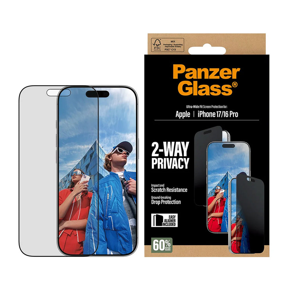 Zaščitna folija za zaslon Privacy PanzerGlass Ultra-Wide Fit 2-Way EasyAligner za Apple iPhone 17 / 16 Pro, Kaljeno steklo, Polno lepljenje