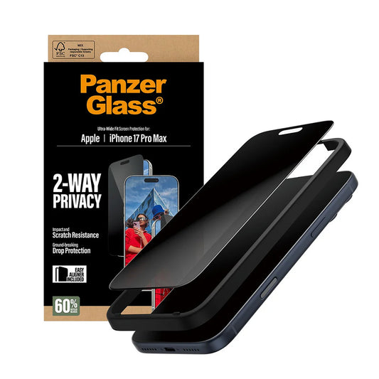 Zaščitna folija za zaslon Privacy PanzerGlass Ultra-Wide Fit 2-Way EasyAligner za Apple iPhone 17 Pro Max, Kaljeno steklo, Polno lepljenje