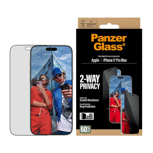 Zaščitna folija za zaslon Privacy PanzerGlass Ultra-Wide Fit 2-Way EasyAligner za Apple iPhone 17 Pro Max, Kaljeno steklo, Polno lepljenje