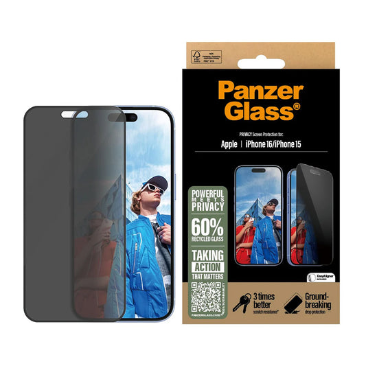 Zaščitna folija za zaslon Privacy PanzerGlass Ultra-Wide Fit EasyAligner za Apple iPhone 16 / 15, Kaljeno steklo, Polno lepljenje