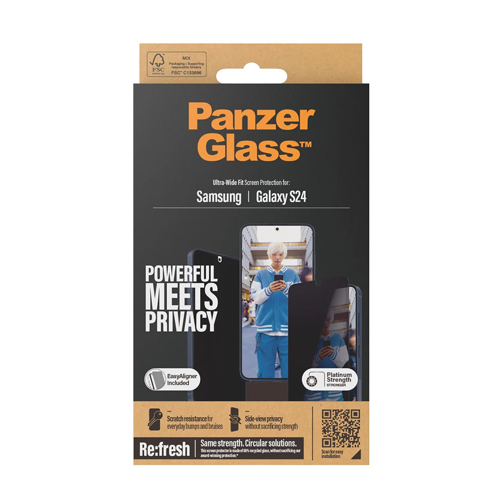 Zaščitna folija za zasebnost zaslona PanzerGlass Ultra-Wide Fit EasyAligner za Samsung Galaxy S24 S921, Kaljeno steklo, Polno lepljenje