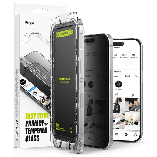 Zaščitna folija za zaslon Privacy Ringke Easy Slide za Apple iPhone 16 Plus / 15 Plus, Kaljeno steklo, Polno lepljenje, Komplet 2 kosa