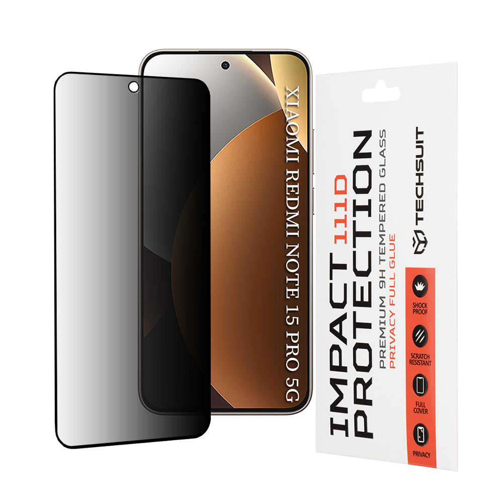 Zaščitna folija za zaslon Privacy Techsuit za Xiaomi Redmi Note 15 Pro 5G, Kaljeno steklo, Full Glue, 111D