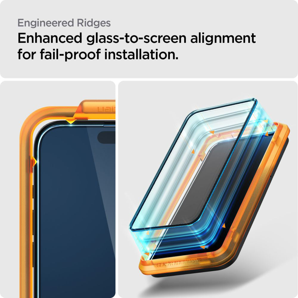 Zaščitna folija za zaslon Spigen GlastR Align Master za Apple iPhone 15, Kaljeno steklo, Polno lepilo, Set 2 kosa, Črna AGL06906