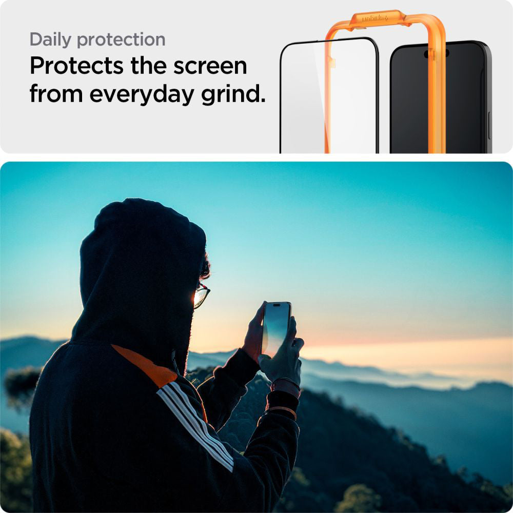 Zaščitna folija za zaslon Spigen GlastR Align Master za Apple iPhone 15, Kaljeno steklo, Polno lepilo, Set 2 kosa, Črna AGL06906