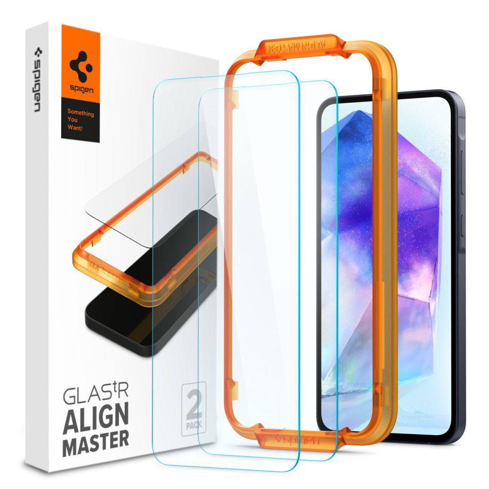 Zaščitna folija za zaslon Spigen GlastR Align Master za Samsung Galaxy A55 5G A556, kaljeno steklo, polno lepilo, komplet 2 kosa AGL07775