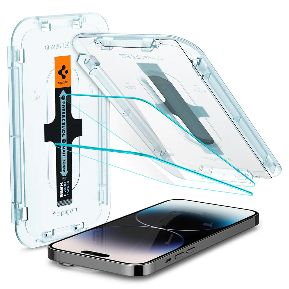 Zaščitna folija za zaslon Spigen GlastR EZ FIT za Apple iPhone 14 Pro, Kaljeno steklo, Polno lepilo, Komplet 2 kosa