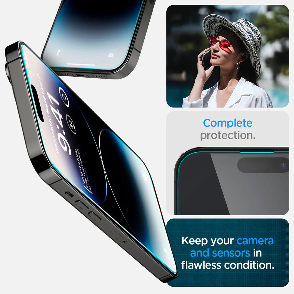 Zaščitna folija za zaslon Spigen GlastR EZ FIT za Apple iPhone 14 Pro, Kaljeno steklo, Polno lepilo, Komplet 2 kosa