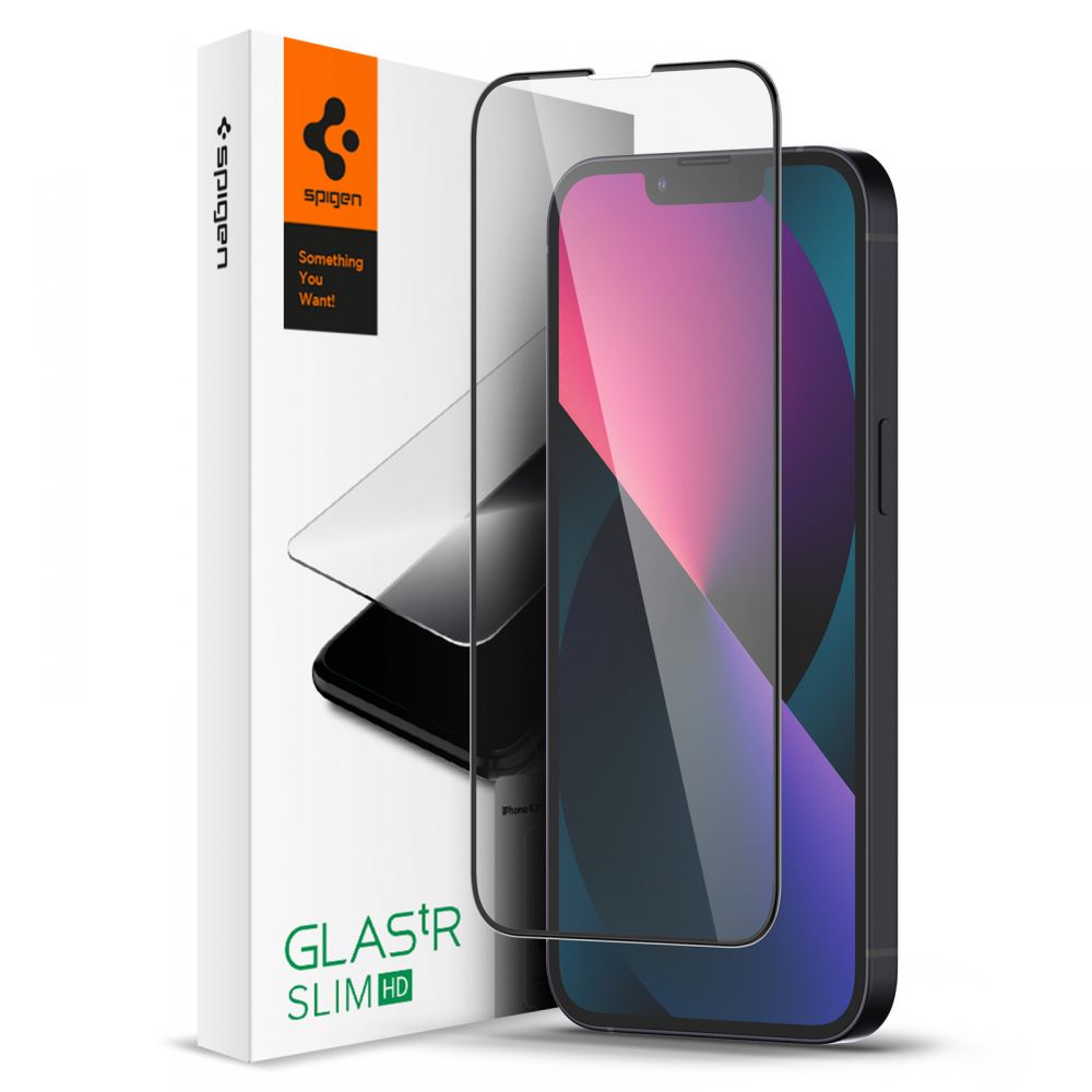 Zaščitna folija za zaslon Spigen GlastR Slim za Apple iPhone 17e / 16e / 14 / 13 Pro, Kaljeno steklo, Polno lepilo, Črna AGL03392