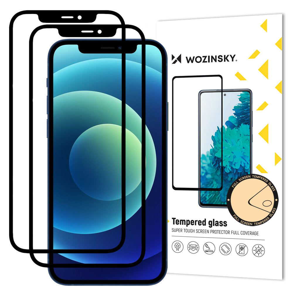 Zaščitna folija zaslona WZK za Apple iPhone 12 / 12 Pro, kaljeno steklo, polno lepilo, komplet 2 kosa, prijazno do ovitka, črna