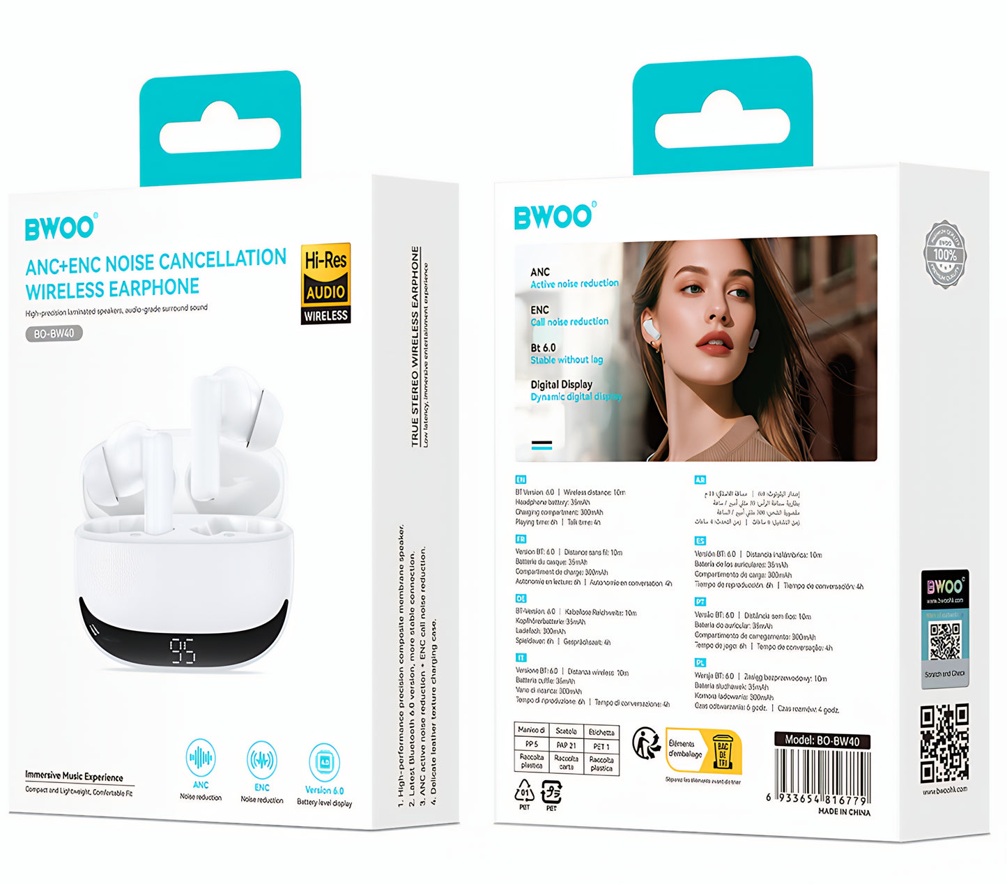 Bluetooth prostoročne slušalke BWOO BW40, TWS, ANC, bele