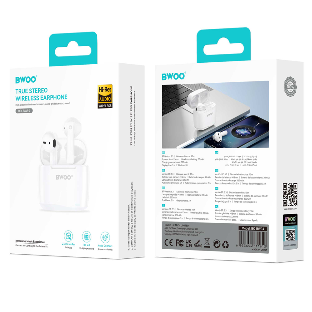 Bluetooth prostoročni BWOO BW94, TWS, Bela