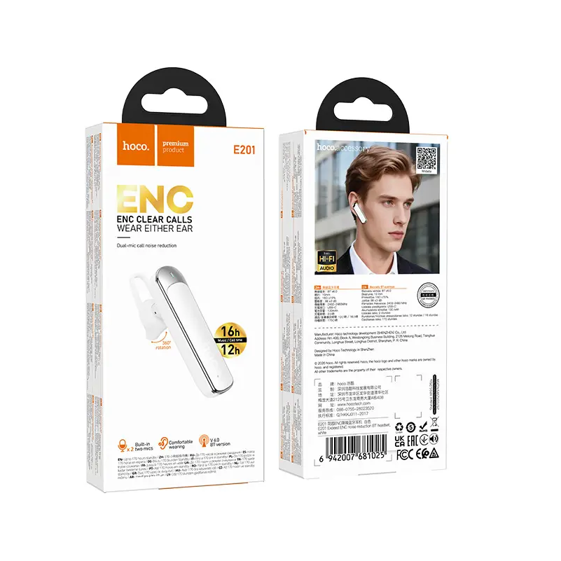 Bluetooth prostoročni telefon HOCO E201, bel