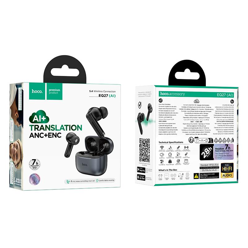 Bluetooth prostoročni HOCO EQ27 AI Prevajanje, TWS, ANC, Siva