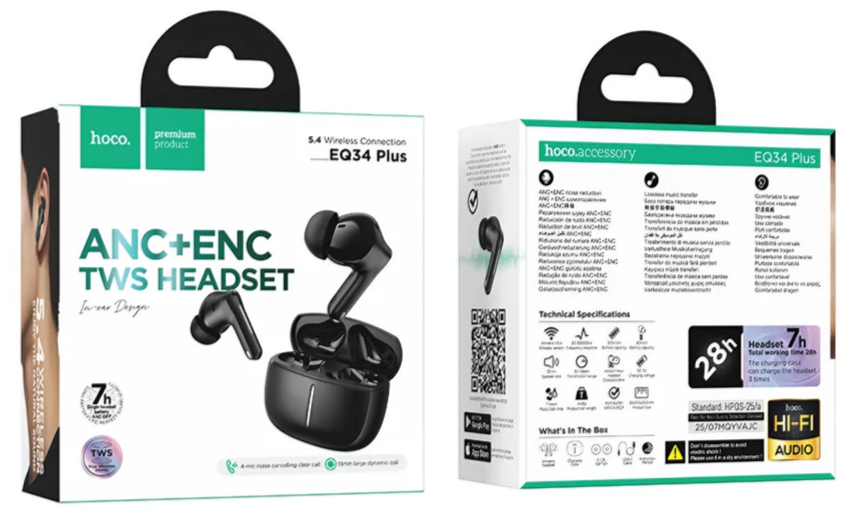 Bluetooth prostoročni HOCO EQ34 Plus, TWS, ANC, Črn