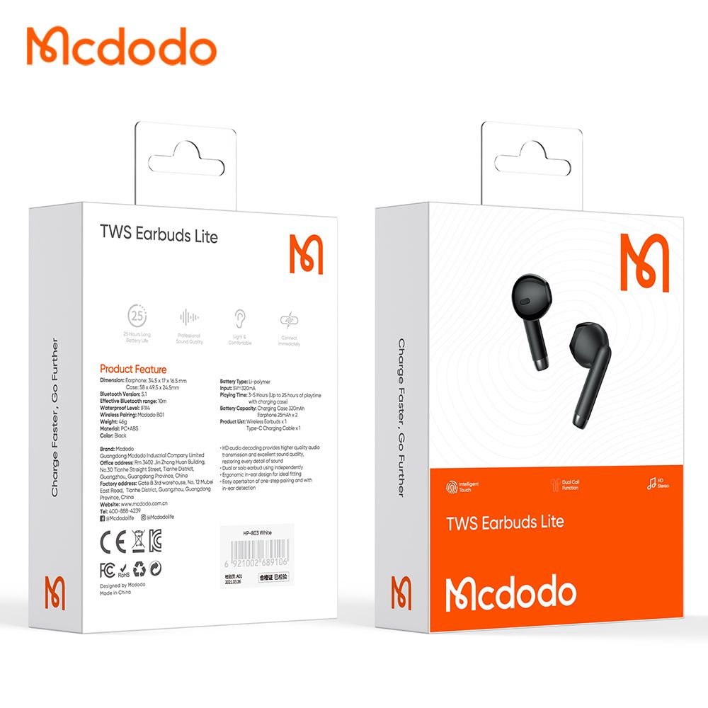 Brezžične slušalke Bluetooth McDodo HP-8031 B01, TWS, črne