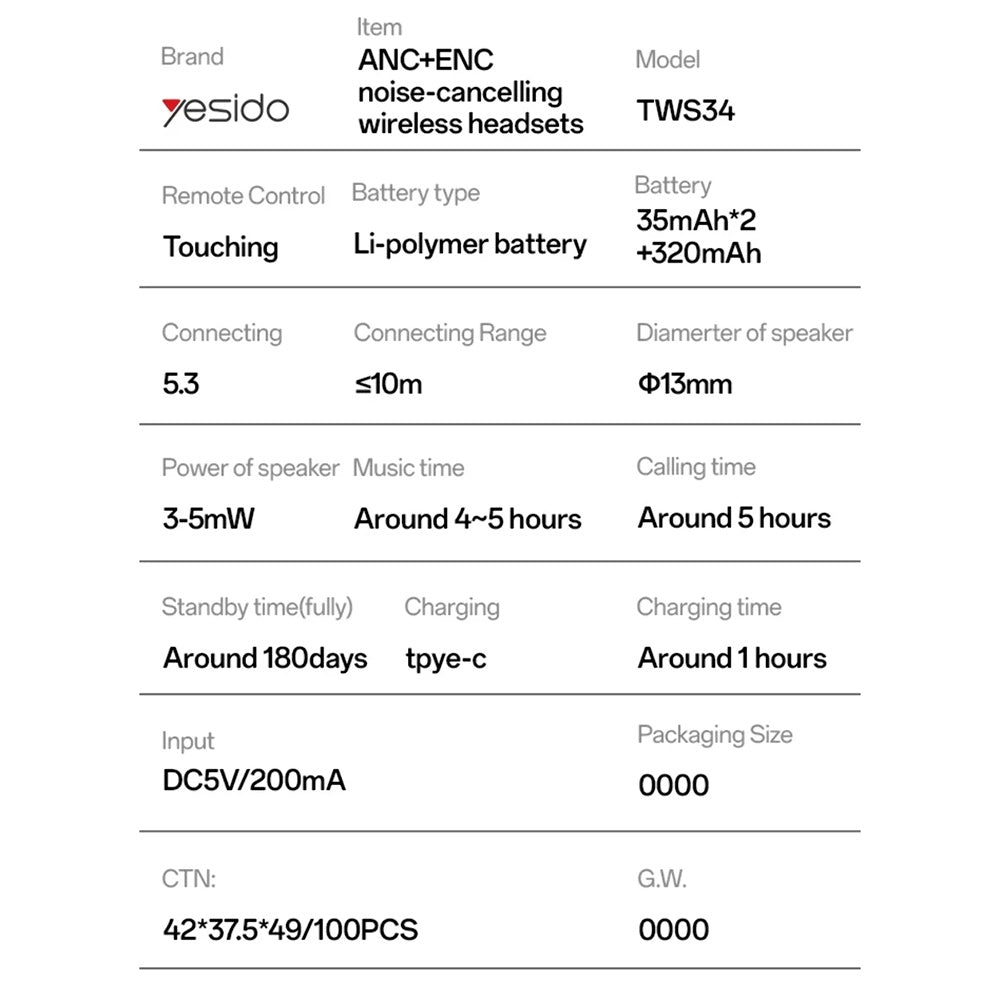 Handsfree Bluetooth Yesido TWS34, TWS, ANC, Bel