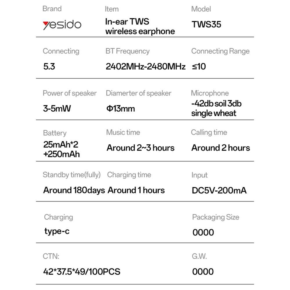 Brezžične slušalke Bluetooth Yesido TWS35, TWS, bele