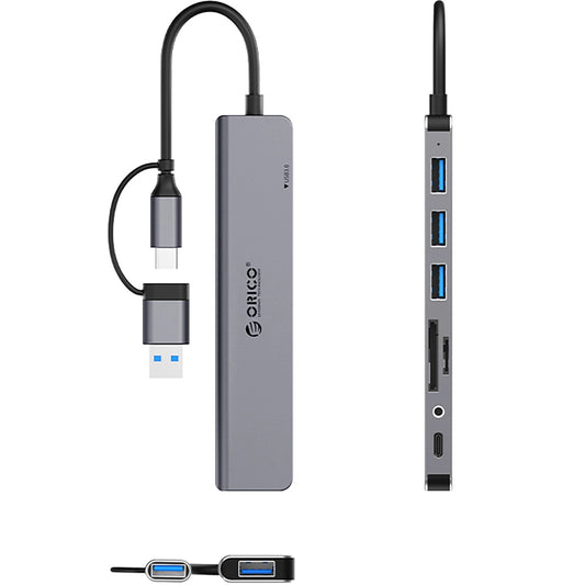 Hub USB / USB-C Orico YSA8-U3, 1 x USB-A 3.0 - 3 x USB-A - 1 x USB-C - 1 x Jack 3.5mm - 1 x SD - 1 x microSD, črn