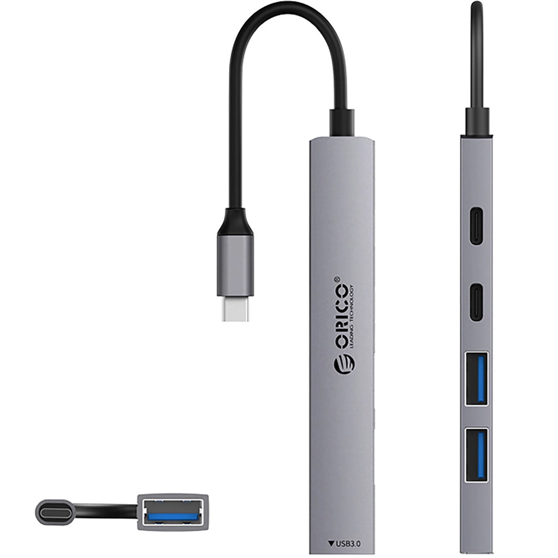 Orico YSB4-U2 USB-C Hub, 1 x USB-A 3.0 - 2 x USB-A - 2 x USB-C, Gray