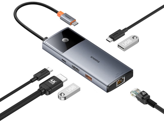 USB-C Hub Baseus Metal Gleam II, 2 x USB-A - 2 x USB-C - 1 x HDMI - 1 x RJ45, Siva B00061802813-00