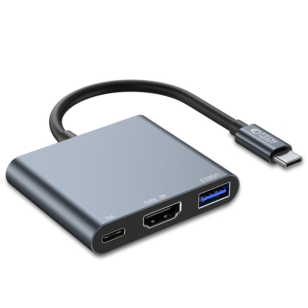 Hub USB-C Tech-Protect V1, USB-A 3.0 - 1 x USB-C - 1 x HDMI, Siv