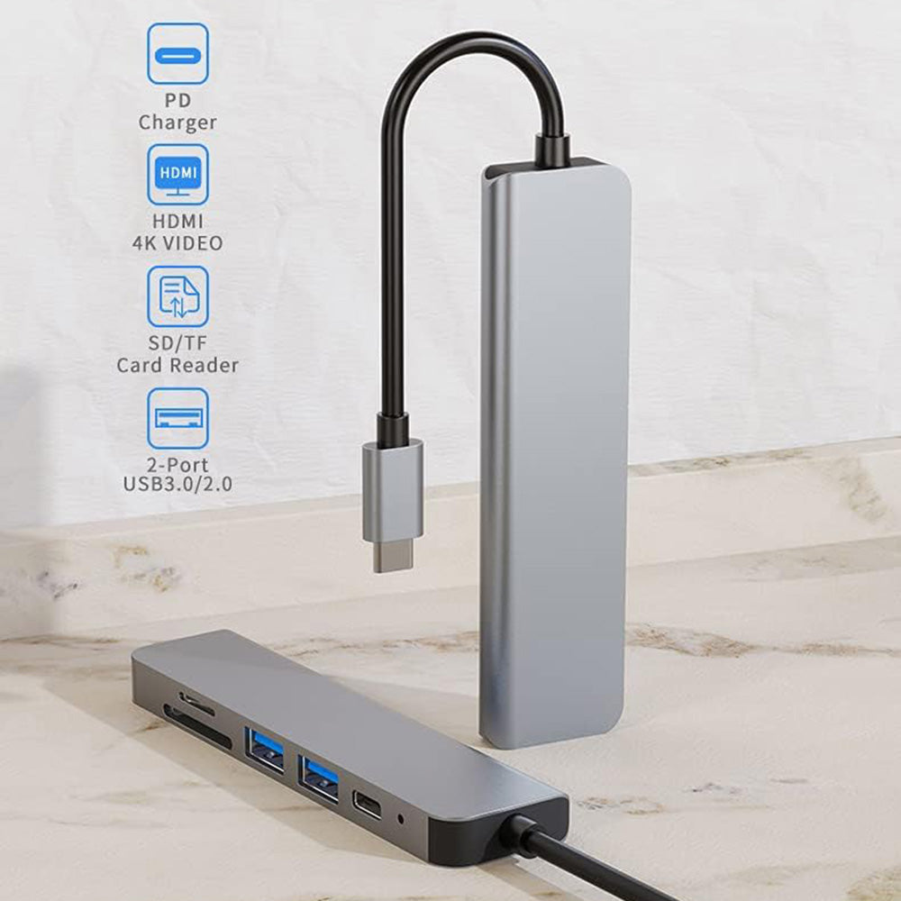 Hub USB-C Techsuit H5 TurboChargeX, 6v1, Siv