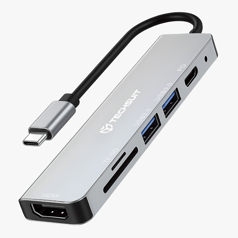 Hub USB-C Techsuit H5 TurboChargeX, 6v1, Siv